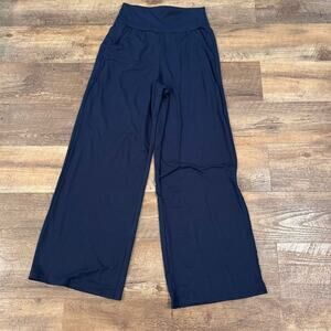 High Waist Wide Leg Cozy Lounge Pajama Sleep Pants Pockets Navy Blue S Soft